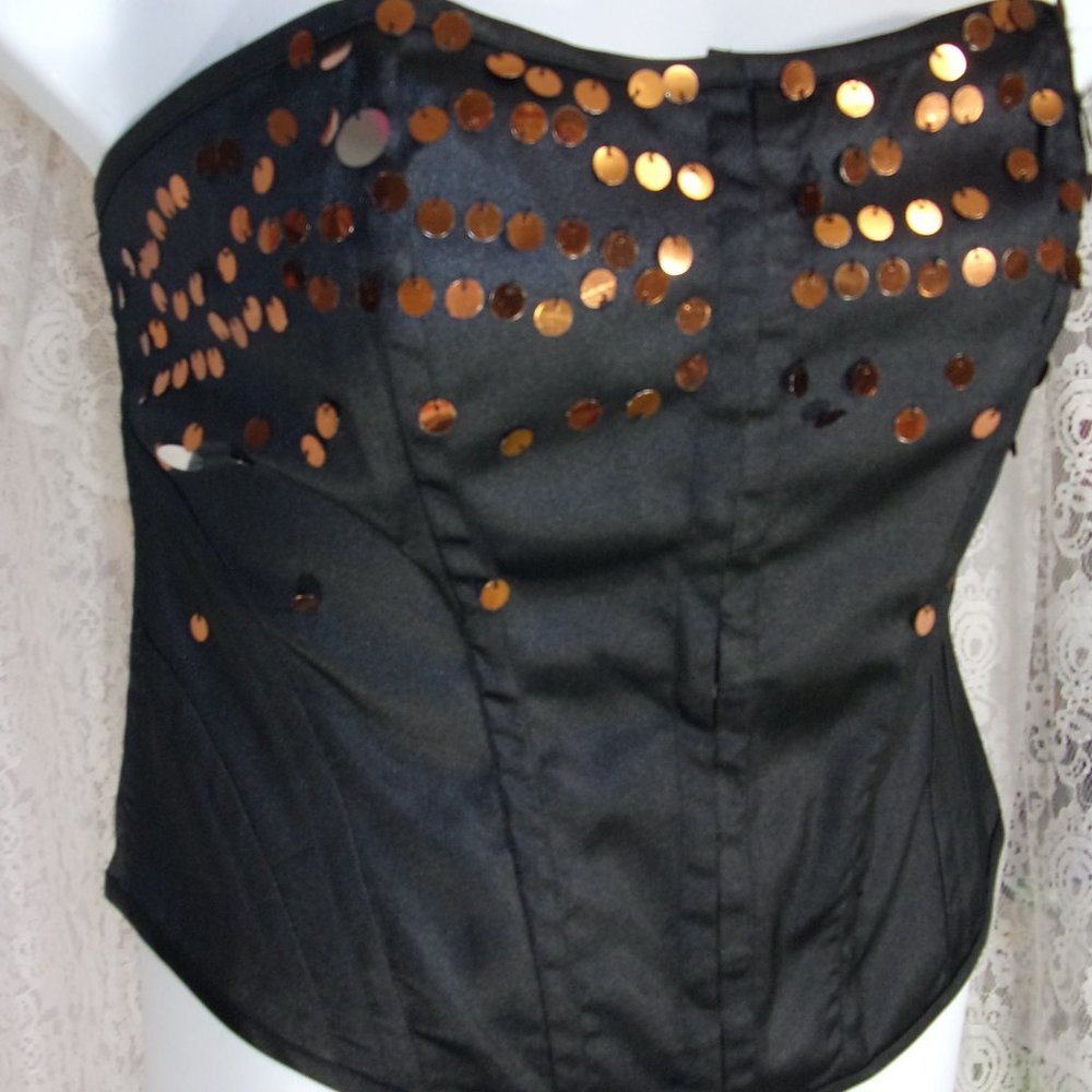 Cotton Works Rich Black & Copper Pailettes Satin Stretch Bustier Size XL NWOT